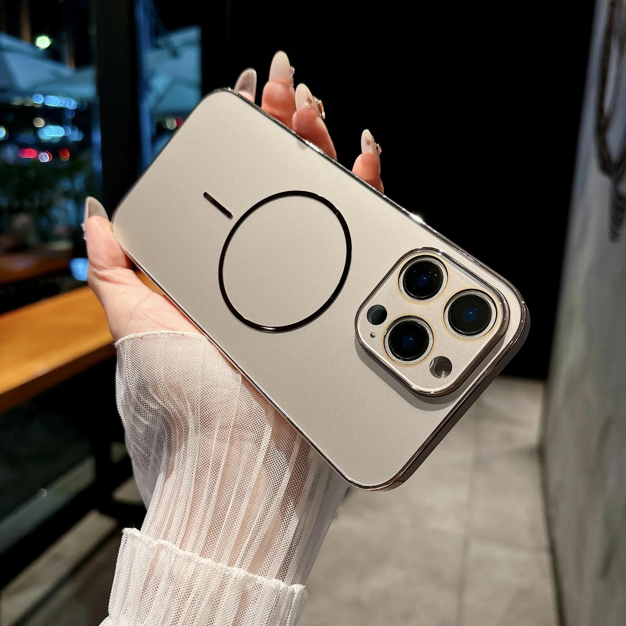 

Plating Magnetic Frosted Lens Glass Cover for IPhone 16 15 14 11 12 13 Pro Max Phone Case for Magsafe Wireless Charge Protective iPhone 13 Pro