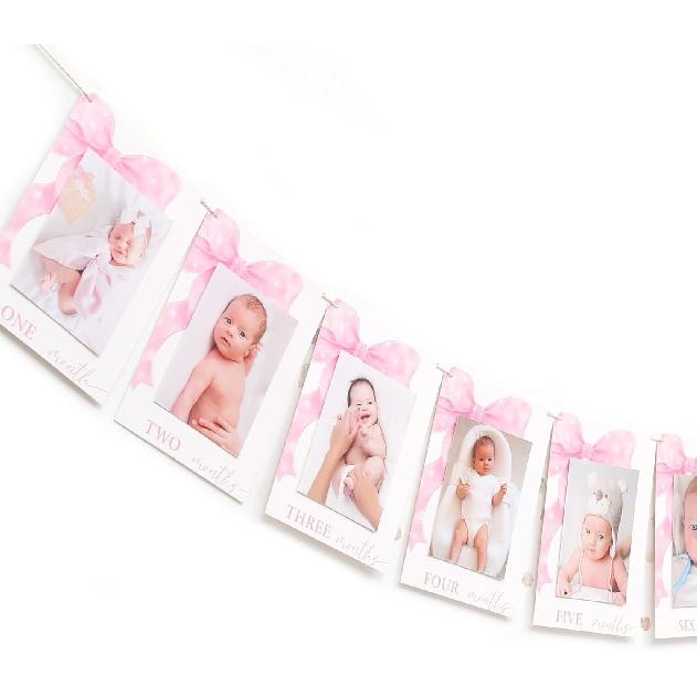 Pink Bow Monthly Milestones Photo Banner - 1st Birthday Photo Banner for Baby Girls, Baby Girls Newborn to 12 Months Photo Display, Bow Theme 1st