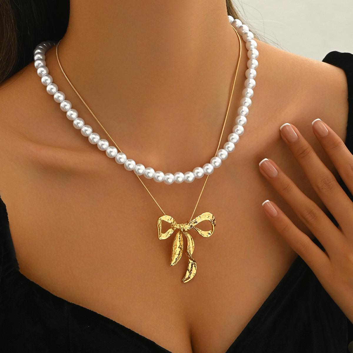 Элегантное металлическое колье-подвеска с бантом и искусственным жемчугом для женщин