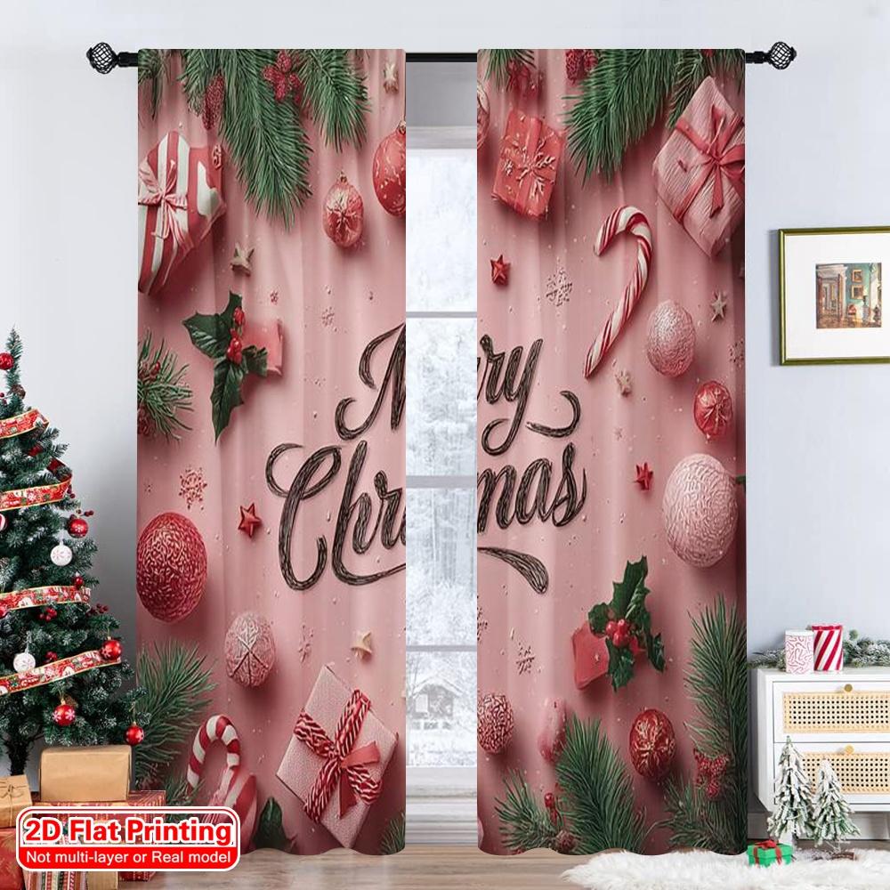 Set di 2 Tende di Natale a Stampa Piatta Canna di Zucchero Versatile Poliestere Senza Uso di Elettricità Tenda per la Casa Realizzata