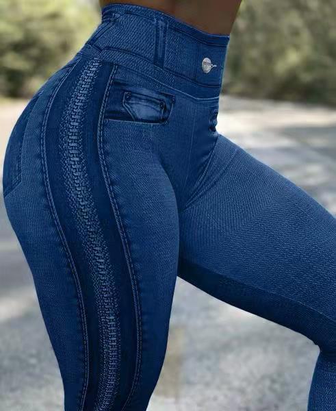 2024 Autumn Winter Women's High Waist High Elastic Imitation Denim Leggings Solid Color Fitness Sports Yoga Pants