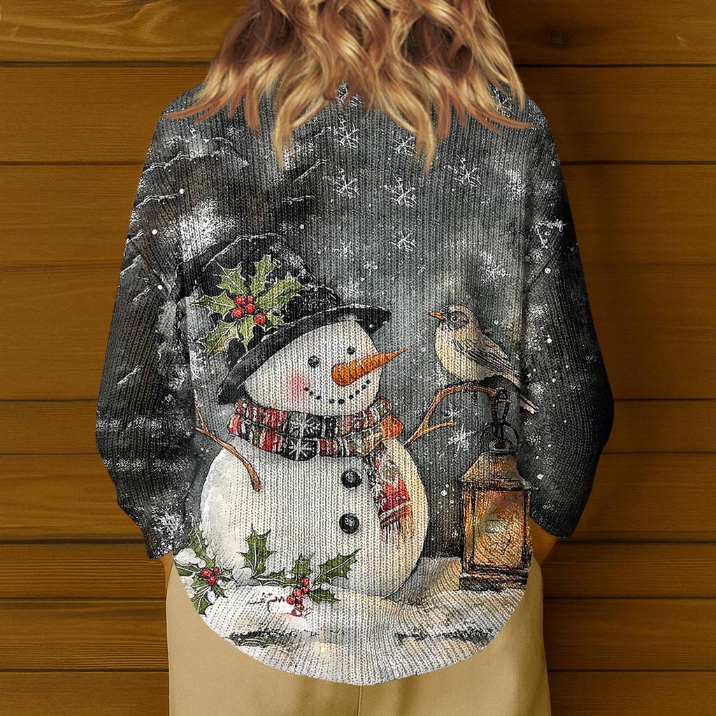 Women's Fashion Casual Long Sleeve Christmas Snowman Print V-Neck Top