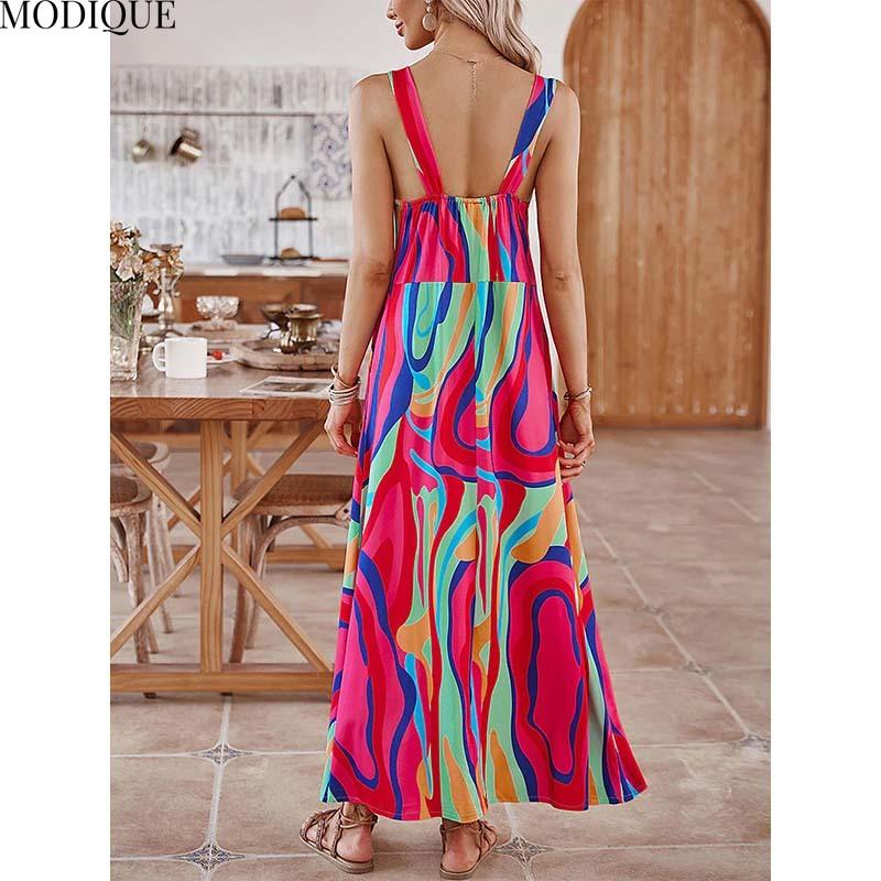 MODIQUE 2025 Summer Plus Size New Women's Sexy Casual Colorful Printing Sleeveless Slip Long Dress Ladies A-Line Folk Hot Dress