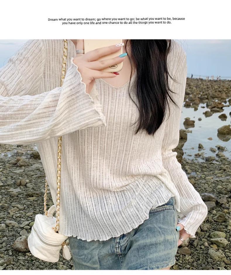 Women's 2024 Sun Protection Air Conditioning Long Sleeve Blouse: Lightweight, Sheer, with Wood Ear Trim for Summer