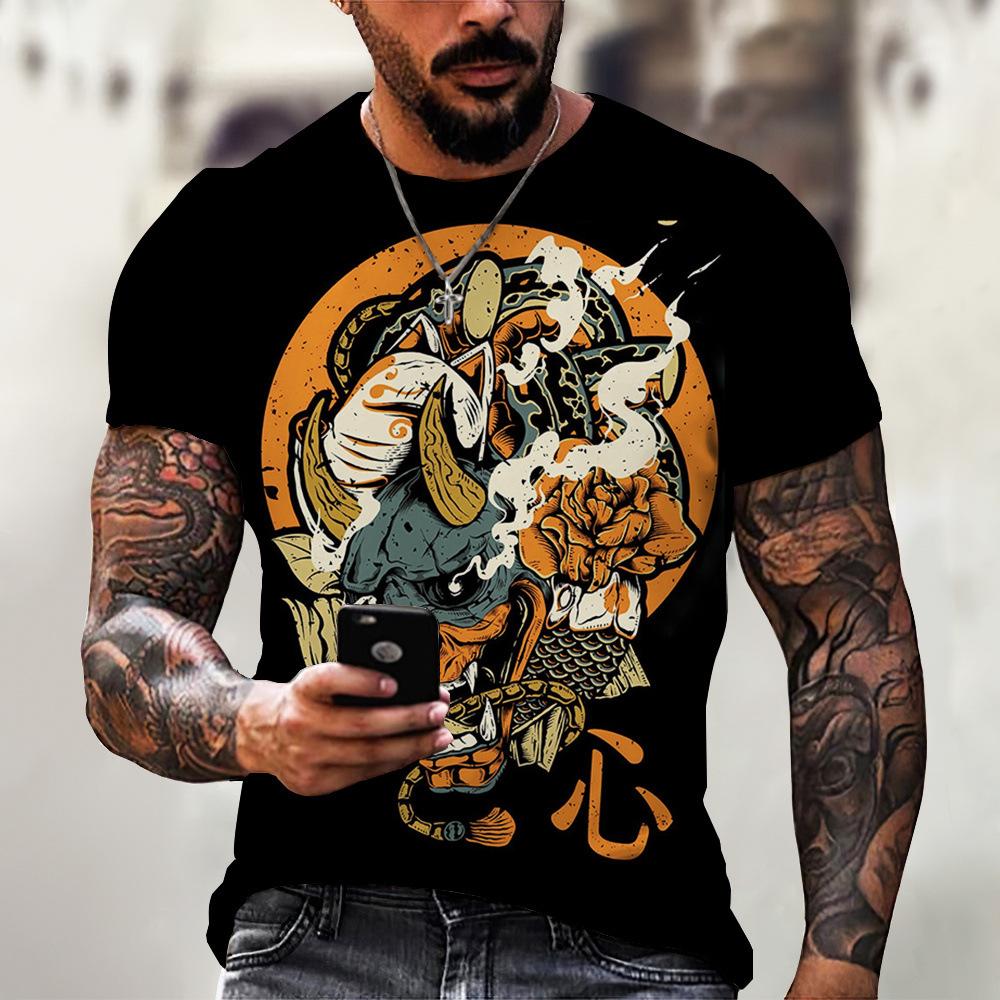 Harajuku Samurai Tattoo Men's T-shirt Fashion Art Mask Round Neck Short Sleeve Punk Clothing Shirt