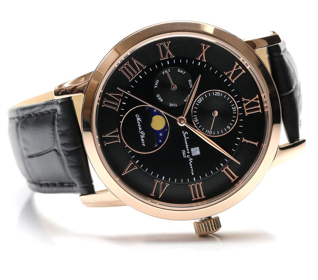 Salvatore Marra Moon Phase 5 ATM Water Leather Limited Black or Pink Men's Multi-Calendar Watch, Resistant, Strap, Edition, Gold, SM21106-PGBK