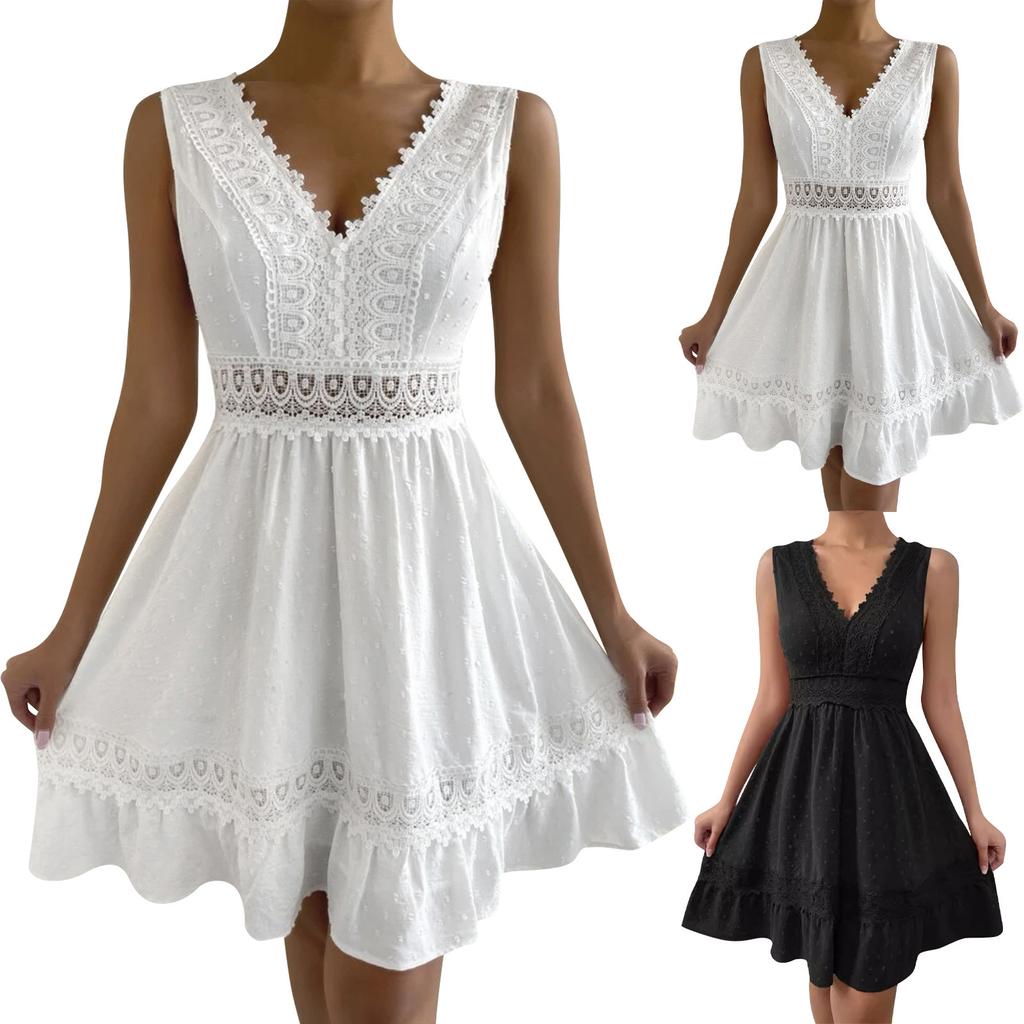 Ladies' Lace And Lace Patchwork Pleated V-neck Sexy Backless Dress