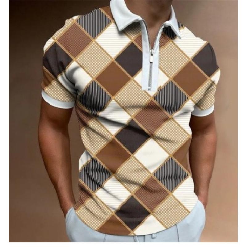 Summer Men's Casual Striped Houndstooth Digital Print T-Shirt Zipper Polo Shirt