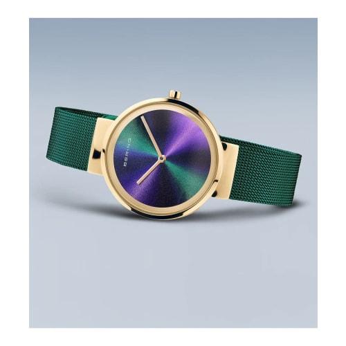 BERING Women's Quartz Watch, Green and Gold, Stainless Steel, Mesh Strap, Japan Exclusive, 19031-828, Officially Imported, 3-Year Warranty, Scratch-Re