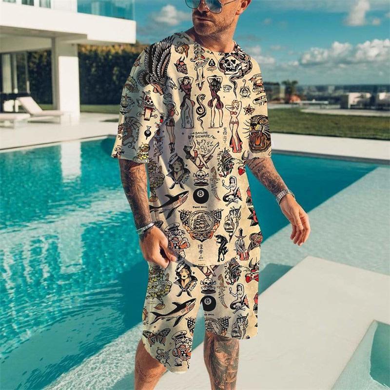 Men's Beach Breathable Short Sleeve 2 Piece Vintage Wave 3D Print T-shirt Set Summer Set Men's Fashion Tops Set Men's Clothing