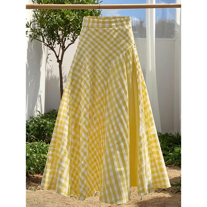 Spring Summer Skirt Dopamine Yellow Waist Plaid Design Long Skirt for Women
