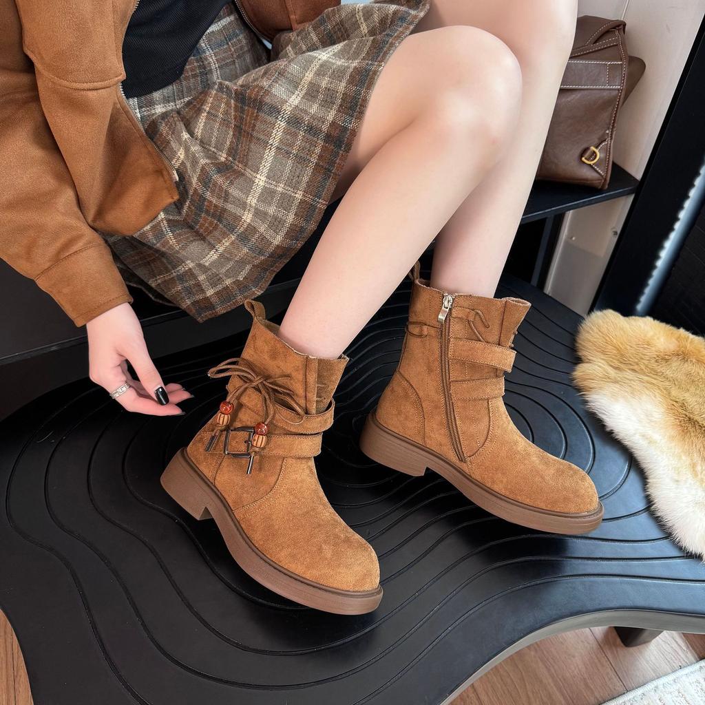 2025 autumn side zipper short knight boots women's autumn new round head thick heel belt buckle suede short boots