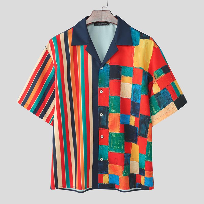 

INCERUN Summer Oversized Men Lapel Striped Plaid Print Buttons Up Casual Hawaiian Shirts