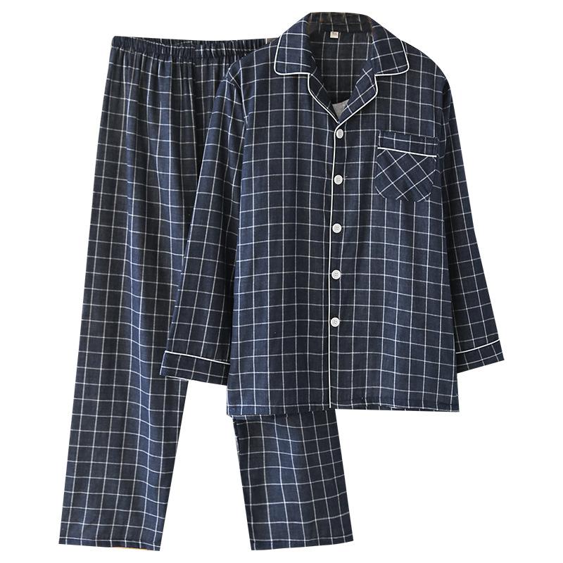 Cotton Pajama Set for Men Soft Button Down Sleepwear Lapel Comfy Long Sleeve Pajamas Men's Lounge Plaid Pjs Set with Pockets Two-piece Loungewear