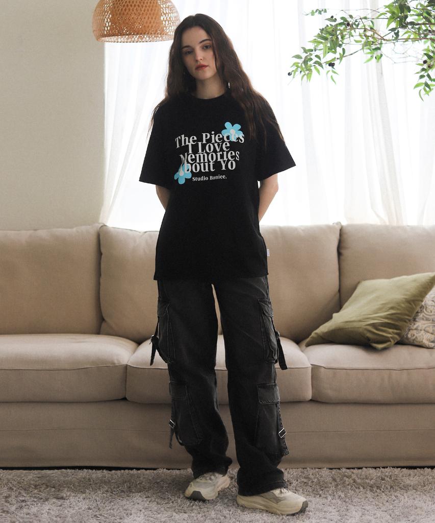 BONIEE Memories Flower Graphic Loose Oversized T-Shirt Black