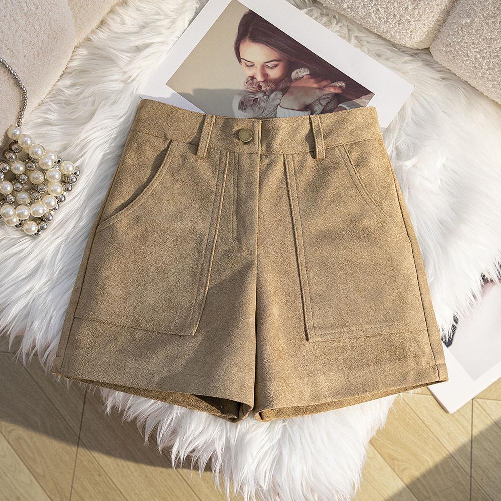 

Women s 2025 Retro Suede Wide-Leg Shorts - Casual Winter Bootcut with Large Pockets S