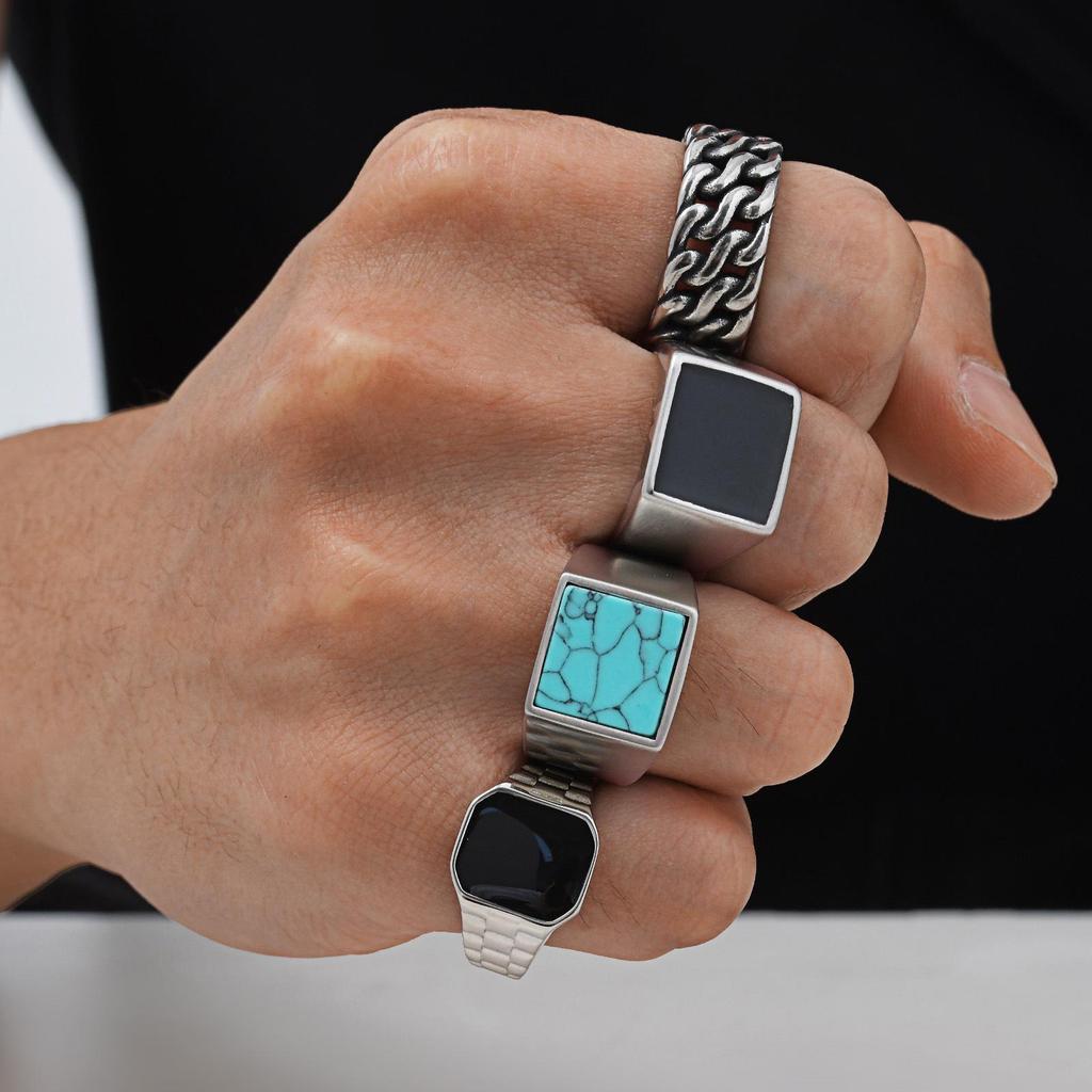 European & American Retro Men's Punk Turquoise Titanium Steel Chain Ring RC-573