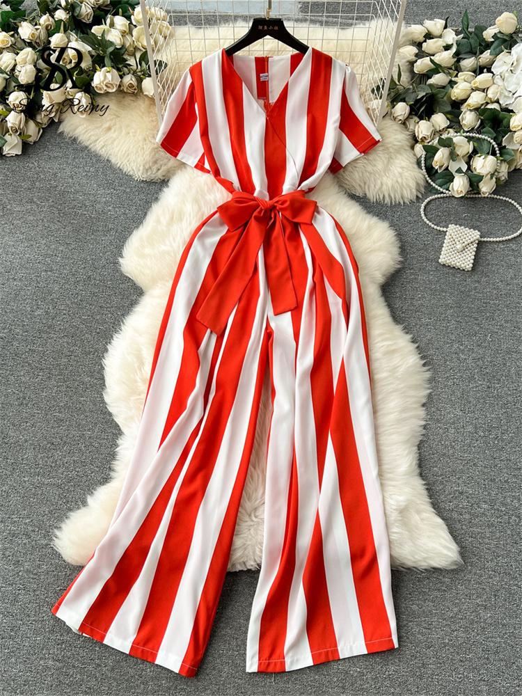Women Jumpsuits Fashion V Neck Lace Up Loose Wide Legs Pants  New Design OL Color Block Stripe Bodysuits