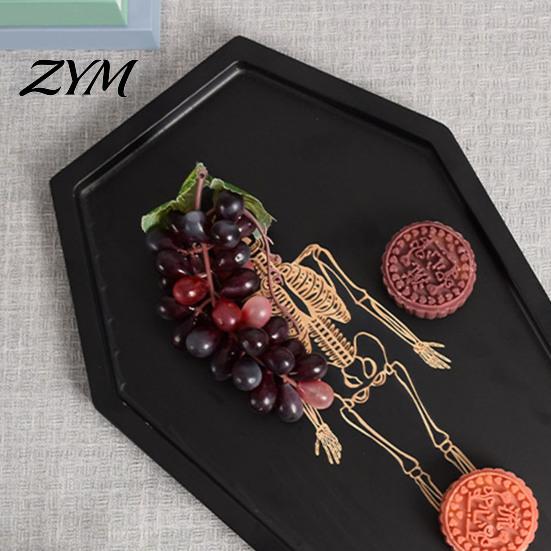 Unique Shape Dessert Plate Halloween Gothic Serving Tray with Engraved Skeleton, Wooden Charcuterie Board, Casket Decorative Catchall for Jewelry