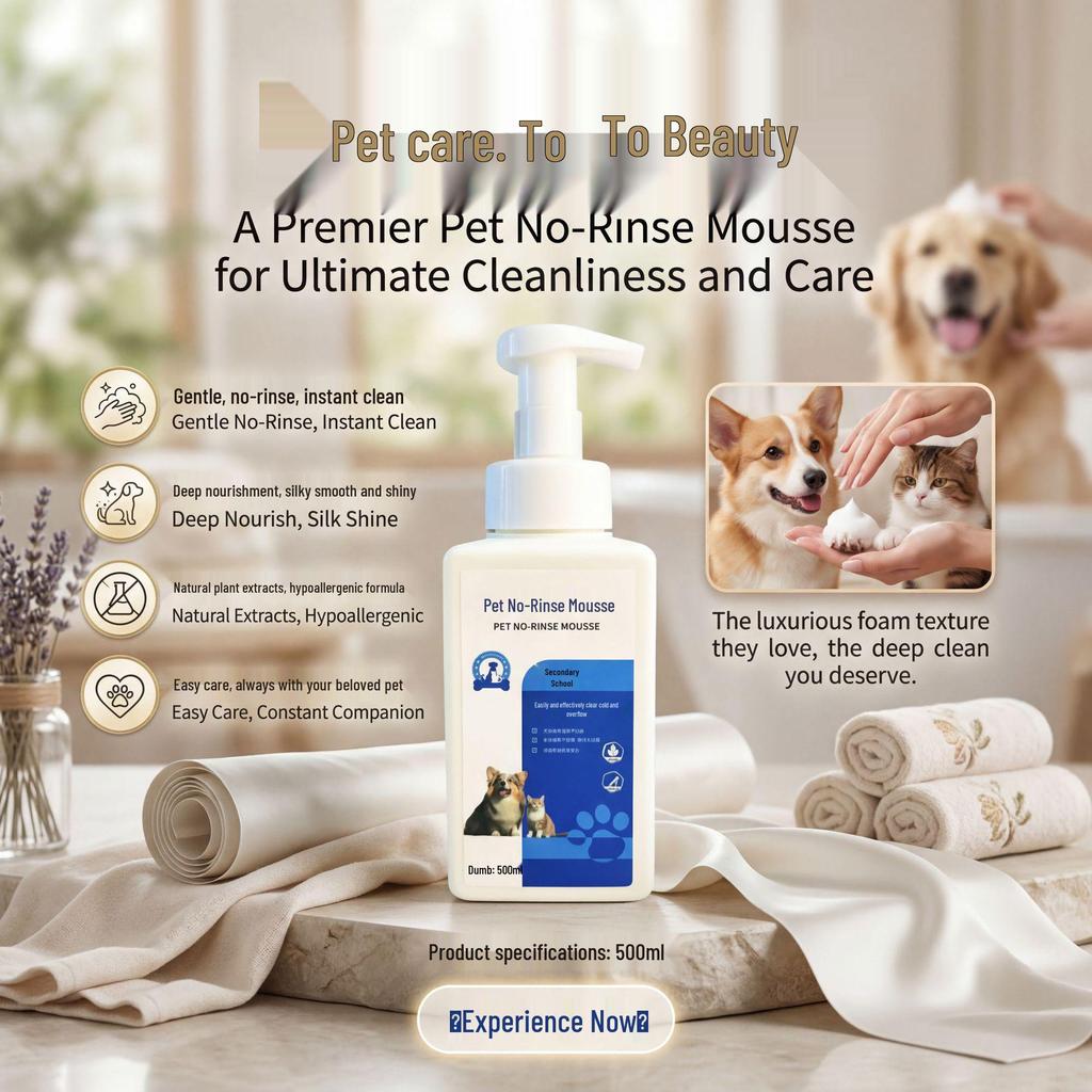 Pet No-Rinse Foam 500ml: Dog & Cat Deodorizing Dry Shampoo Mousse