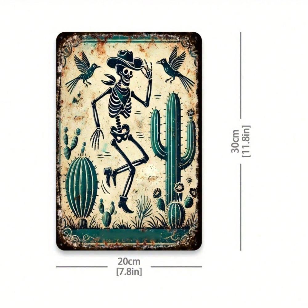 Vintage Western Cowboy Skeleton Parrot Tin Sign 8x12In Rustic Metal Wall Art Bar Cafe Decor
