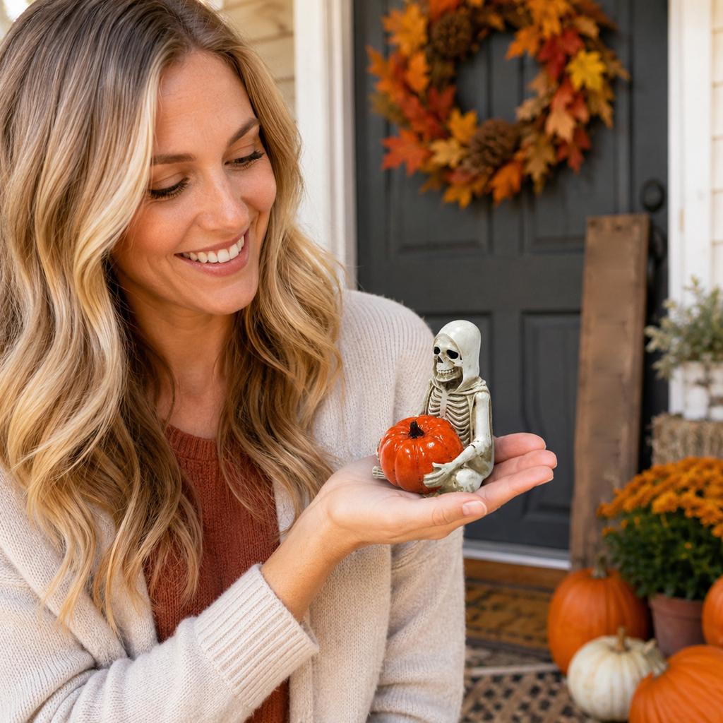 Vintage Style Skeleton Holding Pumpkin Figurine Resin Decor for Tabletop Mantel Shelf Entryway Indoor Outdoor Display