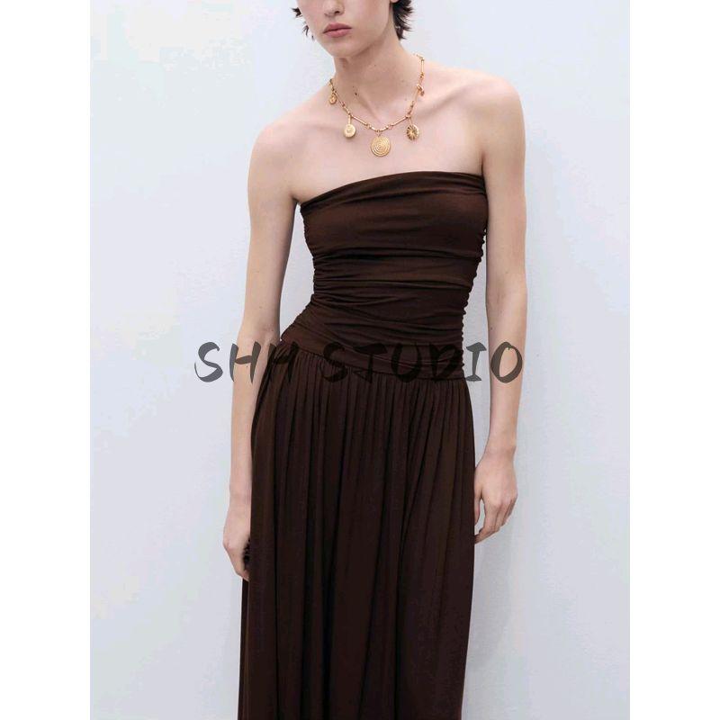 Summer New Arrival Women's Clothing Seaside Vacation Style Brown Patchwork Bandeau Slim-Fit Ruched Dress 87039213