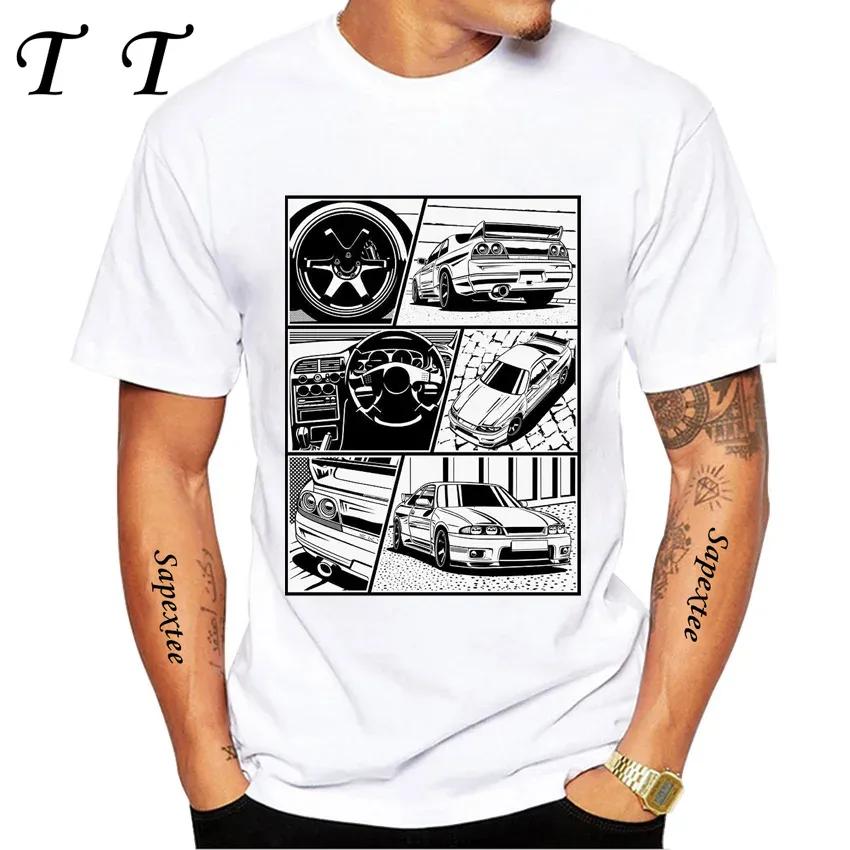 New Summer Men Short Sleeve JDM Legend NISSIA Skyline R34 R33 GTR Evolution Car Print TShirt Boy Casual Tops Fashion White Tees