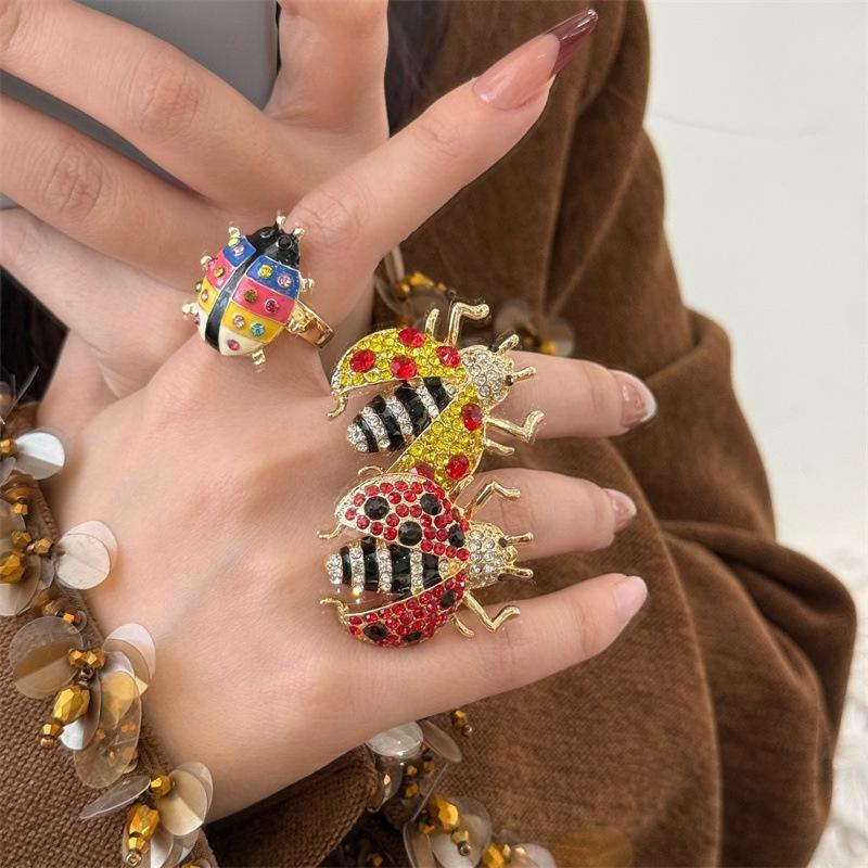 Cute Enamel Insect Rings Colorful Sparkling Rhinestone Ladybug Beetle Ring Punk Y2K Jewelry Gift For Women