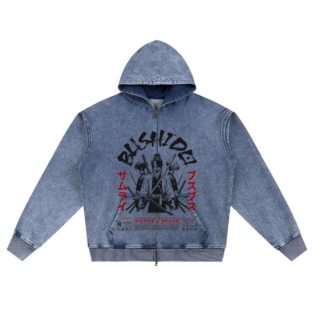 DTG Print Knitted Denim Zip-Up Hoodie Samurai Japan Brother Print Zipper Hoodies