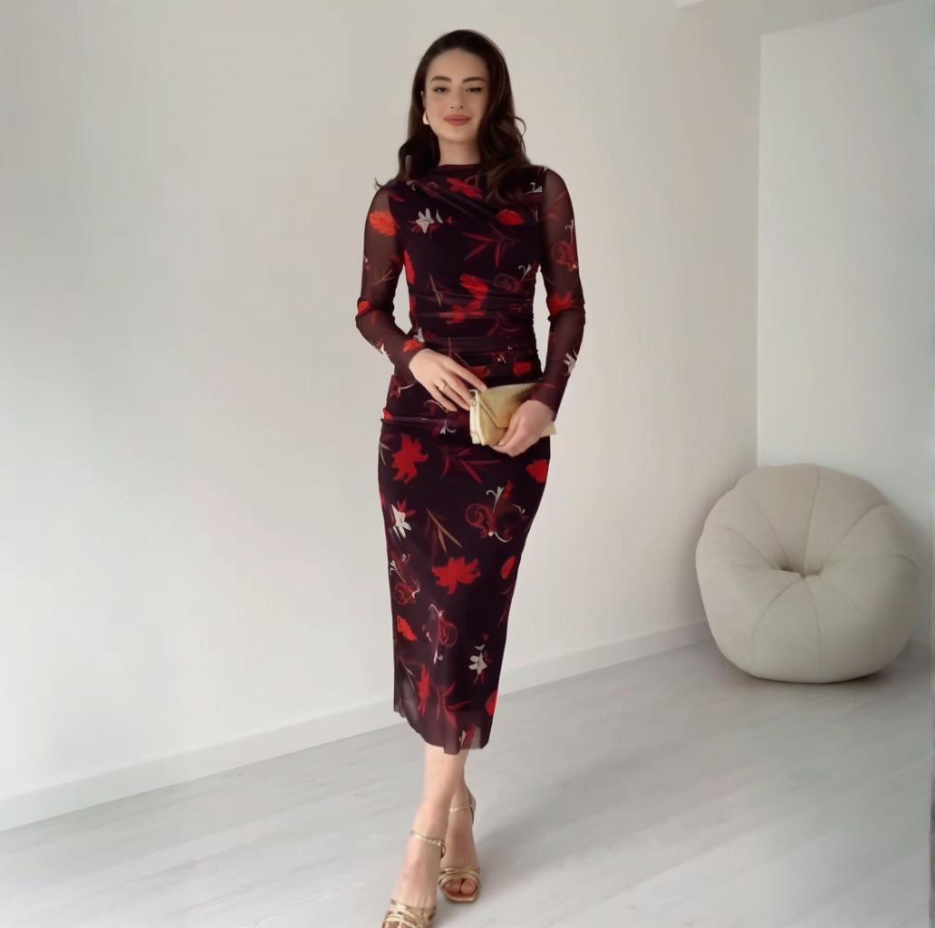 

Летнее европейско-американское трансграничное платье миди с круглым вырезом, длинным рукавом и принтом, приталенное XL цветочные печати