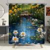 1pc Serene Lily Pond Bath Curtain - Large Polyester Shower Curtain with Lilies, Water Lilies & Rocky Embankment Design,