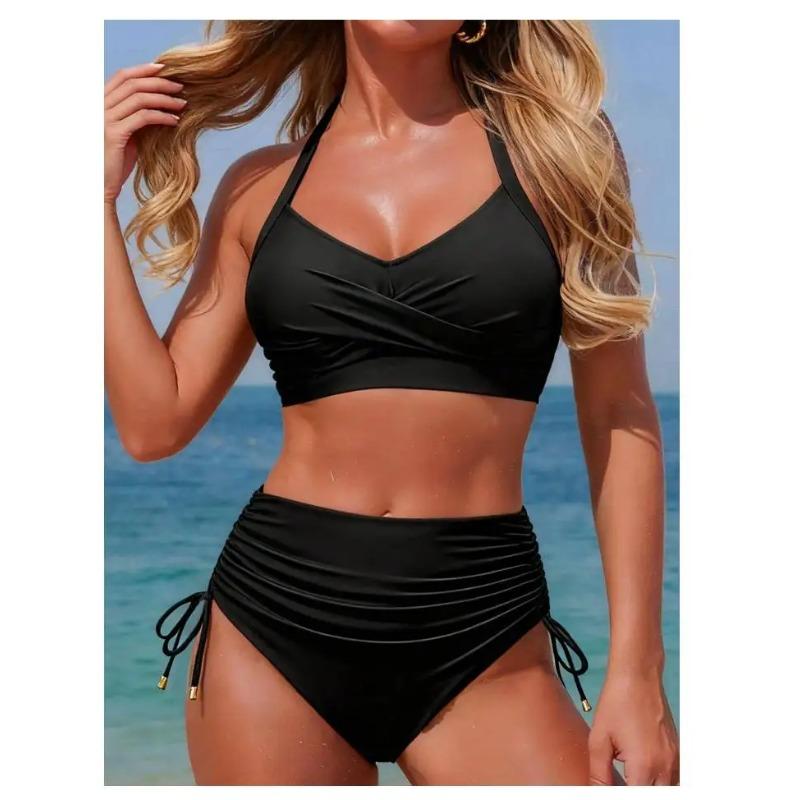 Cikini Sexy High Waist Criss-Cross Strap Bikini Set For Women, Metal Pendant Decor, Adjustable Drawstring