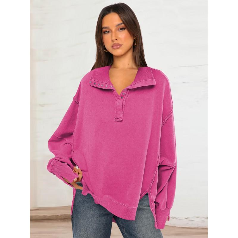 Damen Übergroßer Hoodie mit Puffärmeln und Polokragen, geteilter Saum, Streetwear Top
