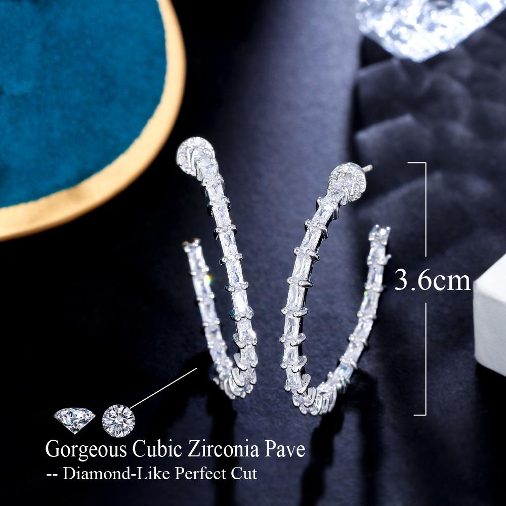 Chic Ear Jewelry Silver Plated Double Sided CZ Cubic Zirconia Bamboo Shape Hoop Earrings for Women Prom Wedding Dress Accessory