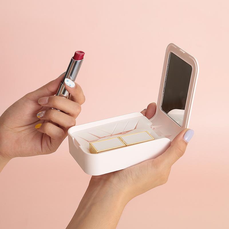 

ABS+Silicone Makeup Lipstick Storage Box Container Portable Lip Cream Case Holder with Mirror for Women Girls Blue