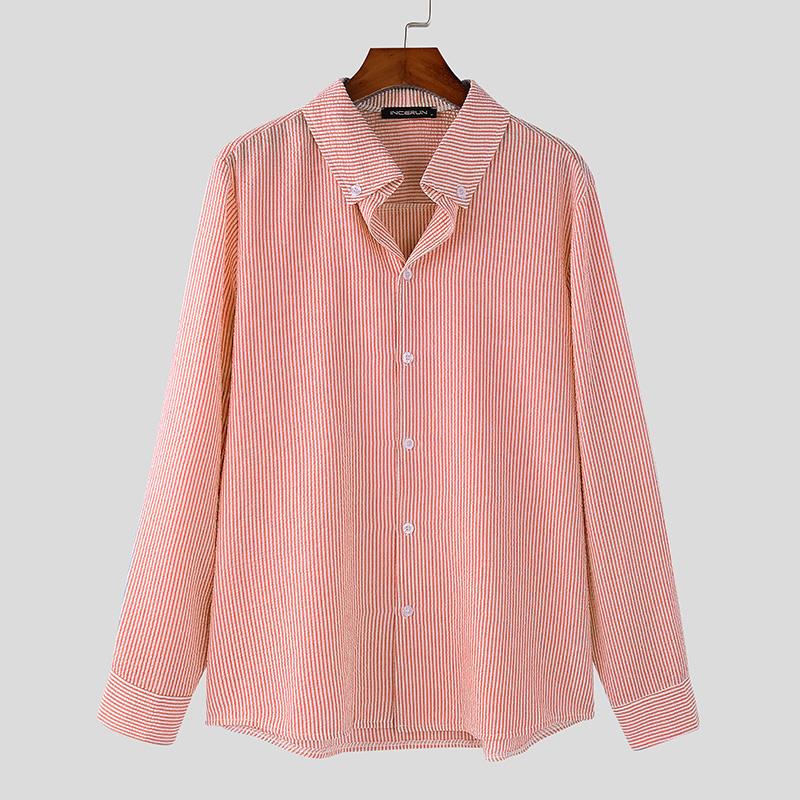 

INCERUN Men Lapel Long Sleeve Striped Print Shirts Semi-Sheer Texture Tops оранжевый