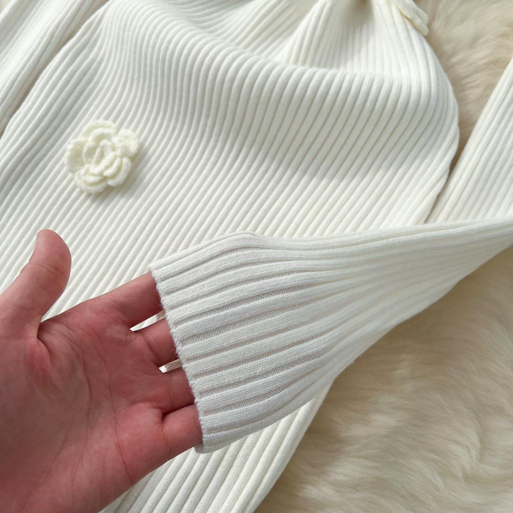 Spring Autumn Women Elegant 3D Flower Knitted Sweater Sheath Dresses Full Sleeve Midi Party Slim Pullover Dress