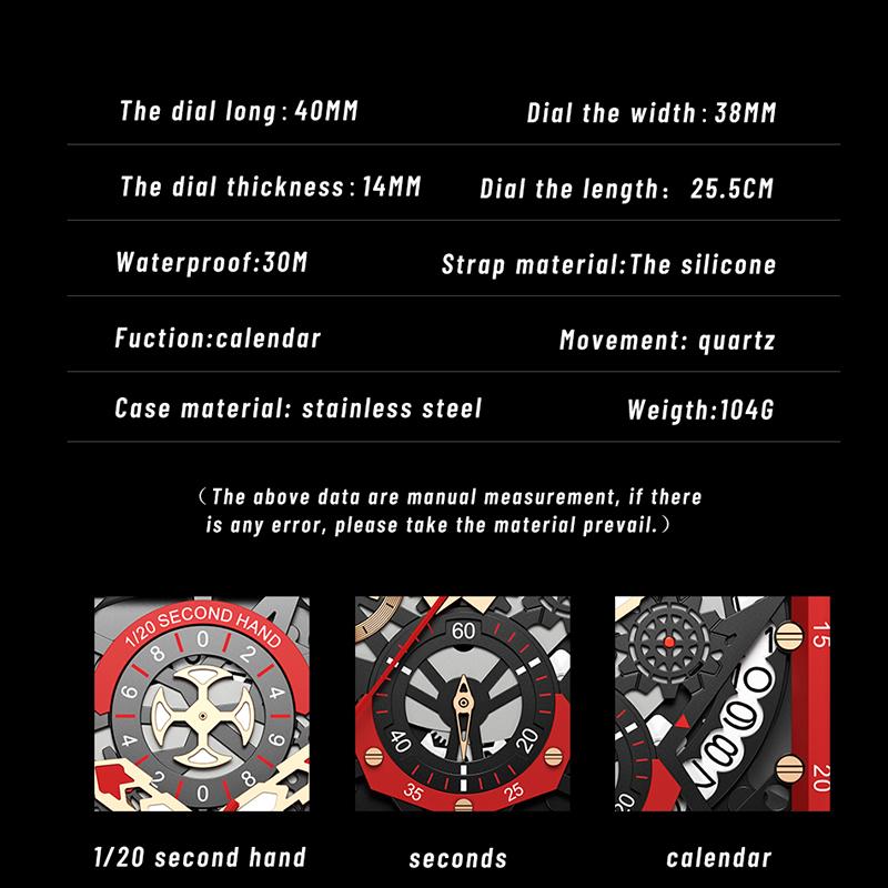 New Creative Hollow Chronograph Square Watch Man Fashion Business Silicone Waterproof Quartz Men's Watches Montre Homme+BOX