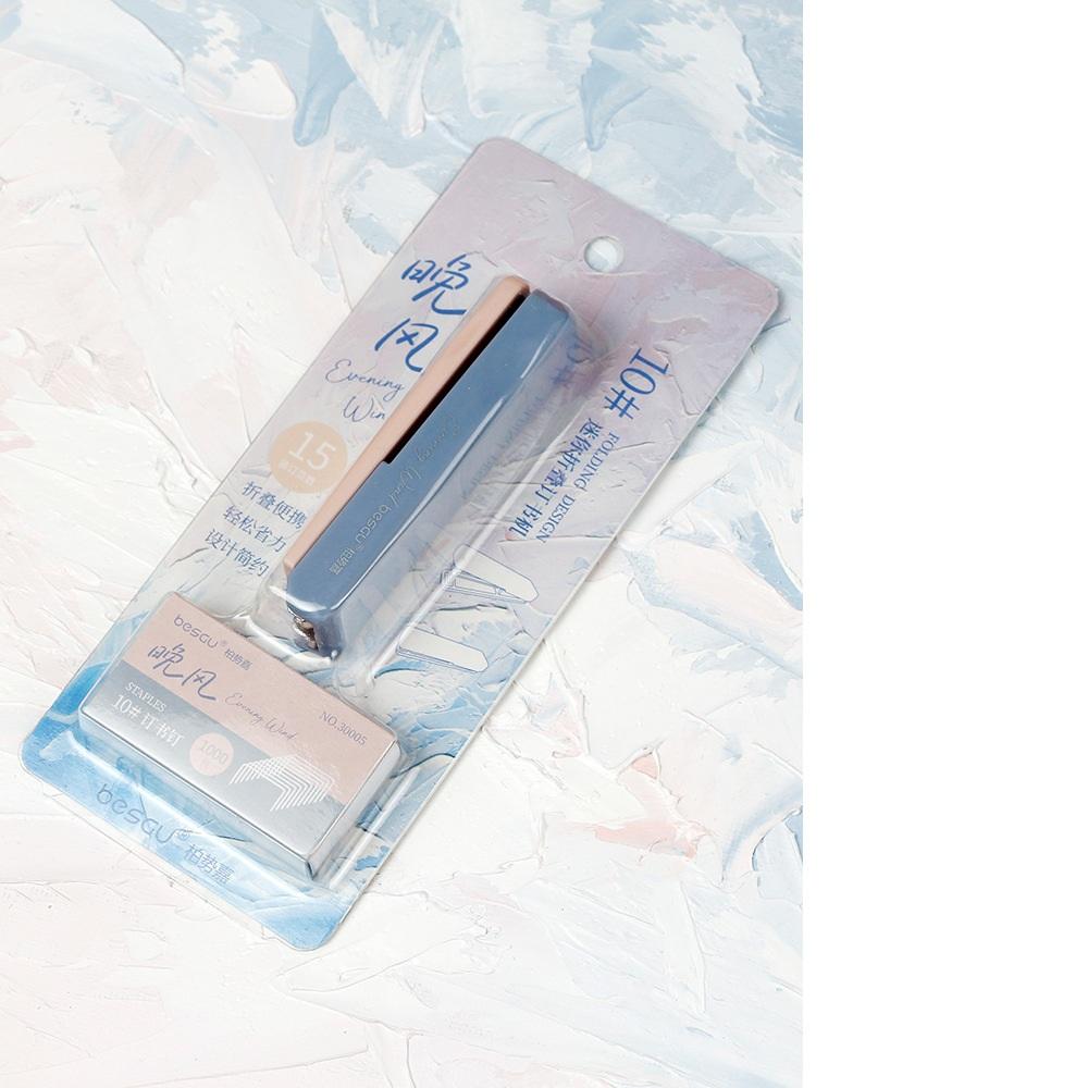 Evening Wind Folding Stapler Set Mini Portable Hitting Color Binder, with 10# 1000pcs Staples, Office Binding Tools School