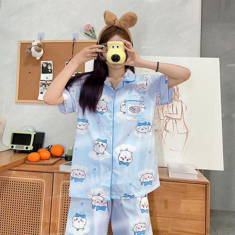 Chiikawa Pajamas Three-piece Set Summer Women's Short-sleeved Trousers Cute Usaki Small Eight Loungewear Spring and Autumn