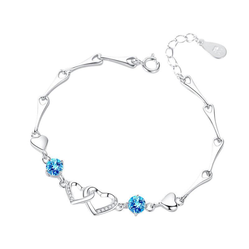 S999 Sterling Silver Heart-to-heart Double Heart Bracelet, Simple and Sweet Bracelet, Romantic Silver Bracelet