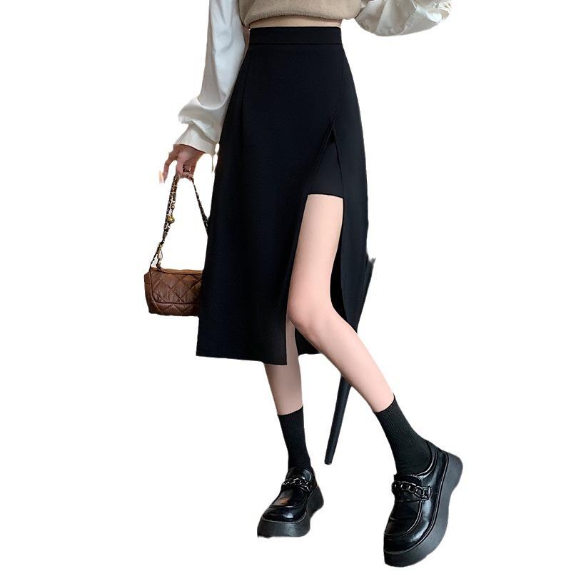 2024 High Waist Black A-line Midi Skirt with Slit