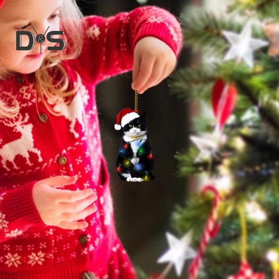 Christmas Cat Pendant Cartoon Cat with Santa Hat Ornament 2D Flat Acrylic Christmas Tree Decoration Cat Keepsake for Home Car Tree Decor