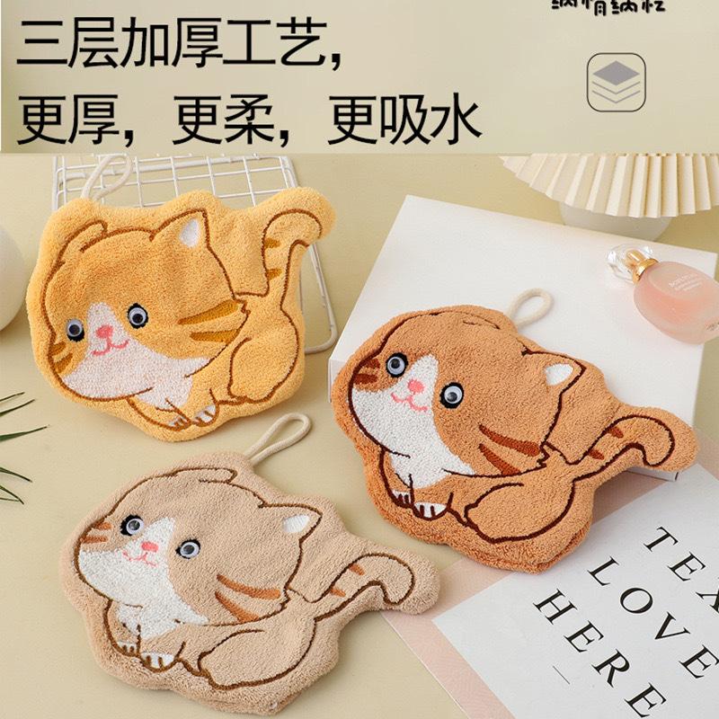Cute cartoon running kitten hand towel hanging children's handkerchief thickened coral fleece kitchen bathroom hanging