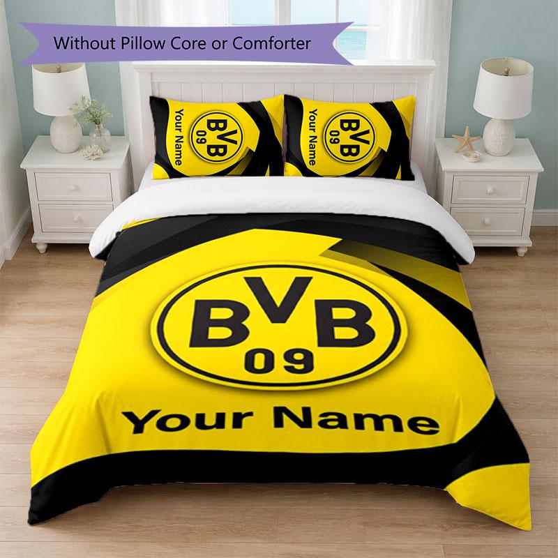 Set Biancheria da Letto Personalizzato Borussia Dortmund con Nome Testo 1 Copripiumino+2 Federe Logo Calcio Regalo Personalizzato per Occasioni Speciali Decorazione Camera da Letto