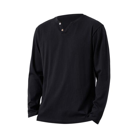 Men Fall Spring Top Buttoned V Neck Long Sleeves Pure Color Loose Pullover T-shirt Daily Wear Sport Homewear Clothes
