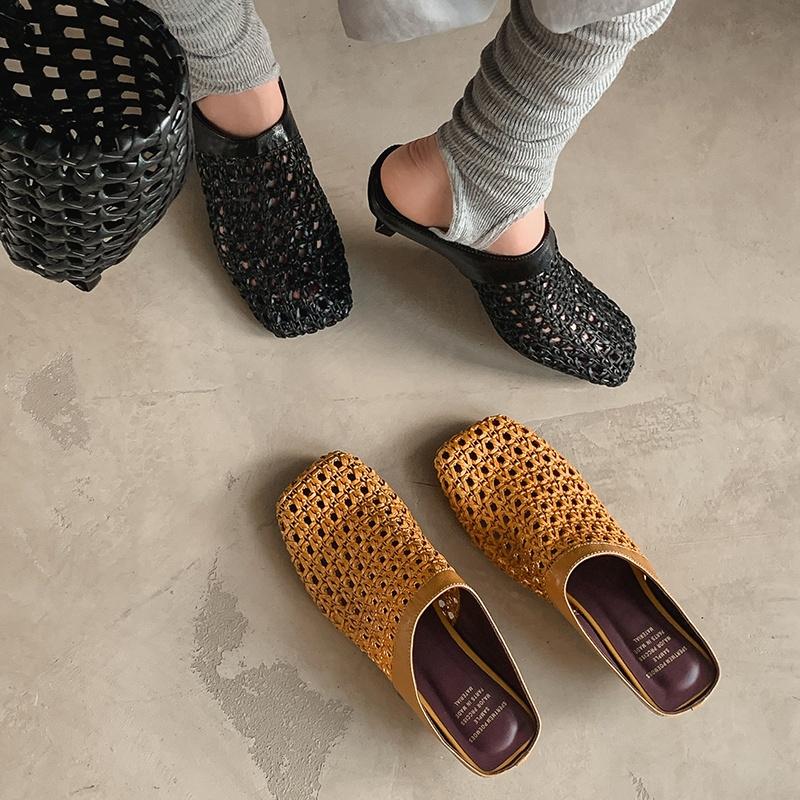 Fashion 2025 Women Slippers Square Toe Med Heel Women Shoes Roman Black Women Sandals Gladiator Handmade Ladies Modern Slippers