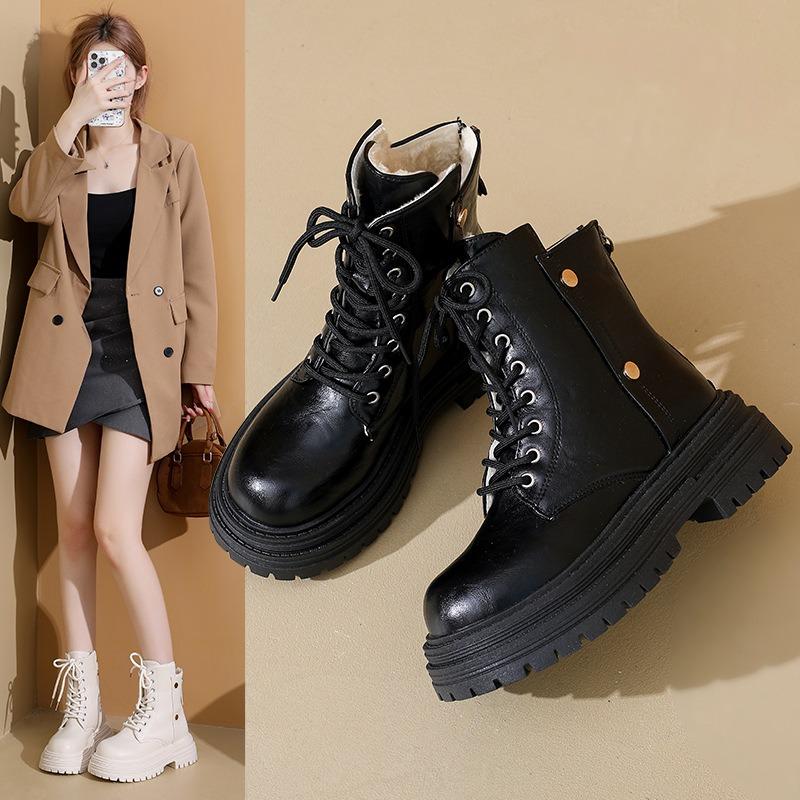 Martin-Stiefel mit dicker Sohle für Damen Herbst und Winter neu niedrigschaftig Reißverschluss hinten Lokomotiv-Damenstiefel mit runder Spitze Stiefeletten für Damen