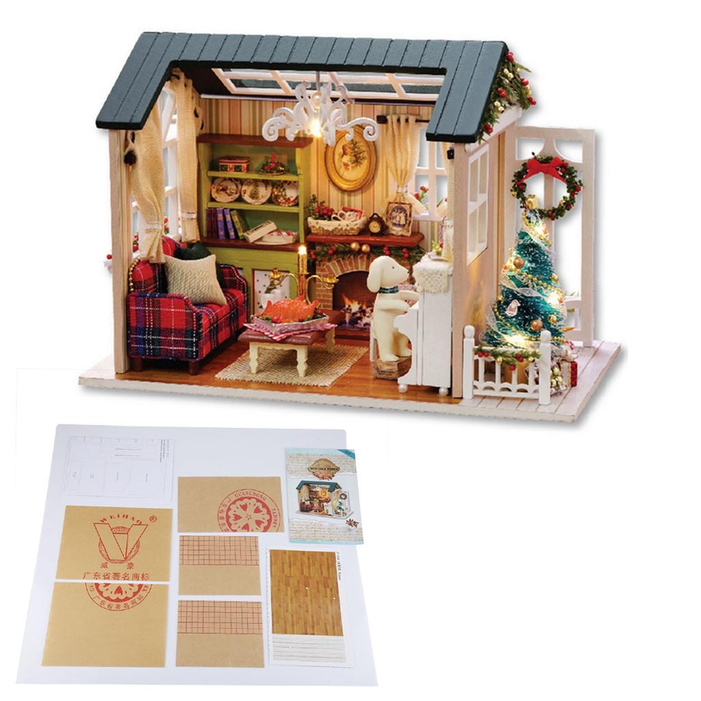 Miniature Wooden House Model with LED Light, Retro   Furniture Handcraft Kit for Developing